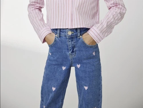 Kids ONLY light medium blue denim/embroidered blue hearts wide jeans